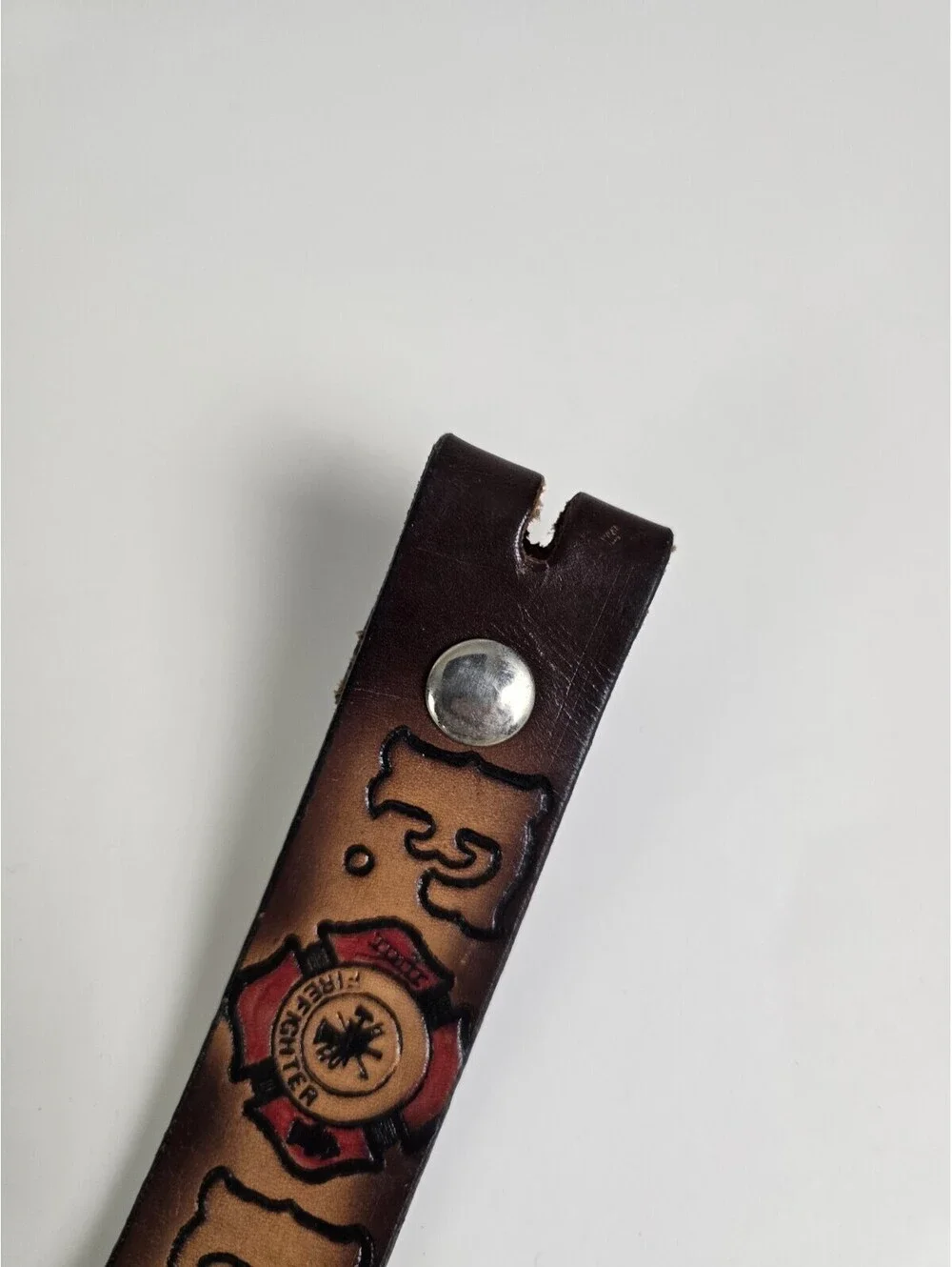 FIRE DEPT RESCUE VOLUNTEER HOOK LADDER EMBOSSED COWHIDE LEATHER BELT MADE USA